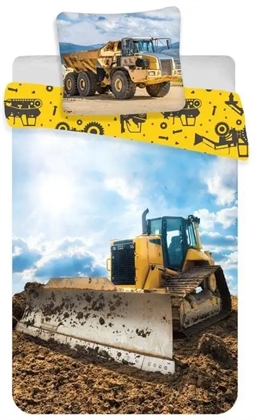 Junior sengetøj 100x140 cm - Bulldozer - sengesæt med 'gravemaskine' - 2 i 1 design - 100% bomuld